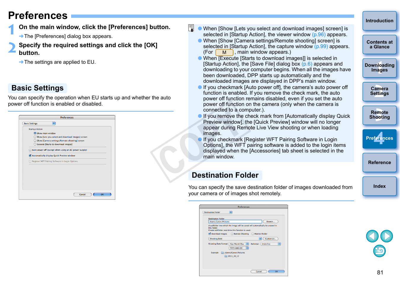 Preferences, P.81, Basic settings | Destination folder, Cop y | Canon EOS Rebel SL1 18-55mm IS STM Lens Kit User Manual | Page 82 / 109