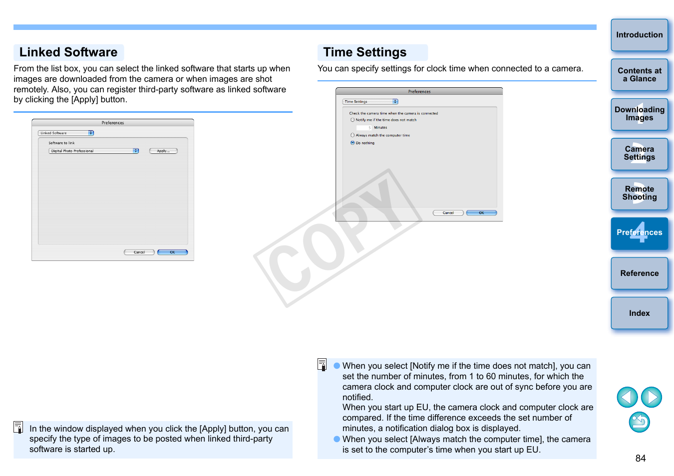 P.84), Linked software, Time settings | Cop y | Canon EOS Rebel SL1 18-55mm IS STM Lens Kit User Manual | Page 85 / 109