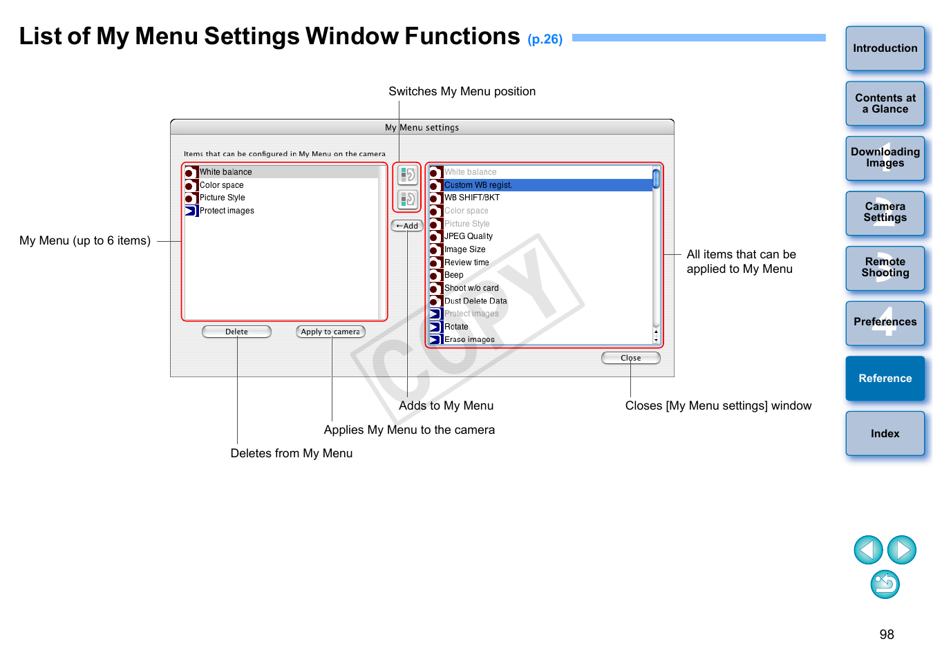 List of my menu settings window functions, P.98, Cop y | Canon EOS Rebel SL1 18-55mm IS STM Lens Kit User Manual | Page 99 / 109