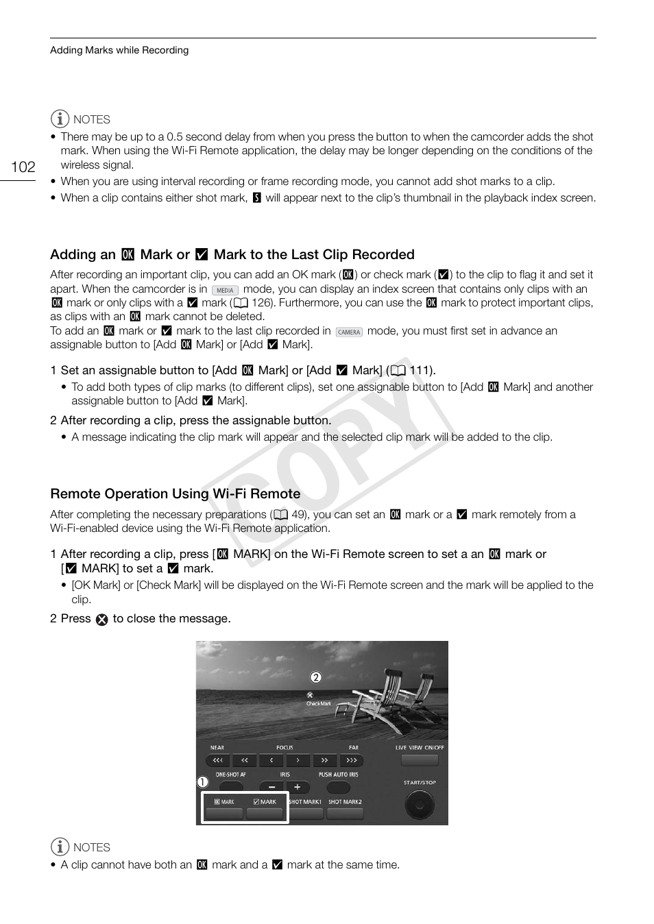 Remote operation using wi-fi remote, Adding an $ mark or % mark to the last clip, Recorded 102 | Remote operation using wi-fi remote 102, C op y | Canon EOS C300 PL User Manual | Page 102 / 196