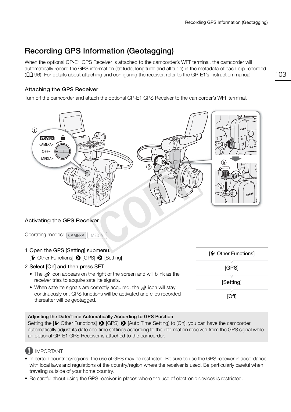 Recording gps information (geotagging), 103) t, Recording gps information (geotagging) 103 | 103). co, Cop y | Canon EOS C300 PL User Manual | Page 103 / 196