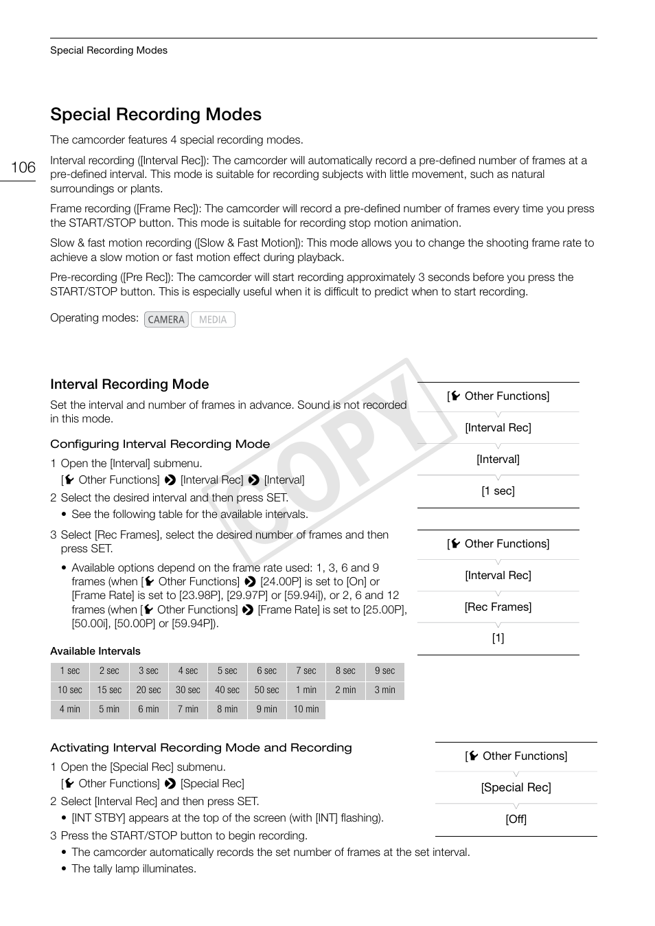 Special recording modes, Interval recording mode, 106) g | Special recording modes 106, Interval recording mode 106, Cop y | Canon EOS C300 PL User Manual | Page 106 / 196