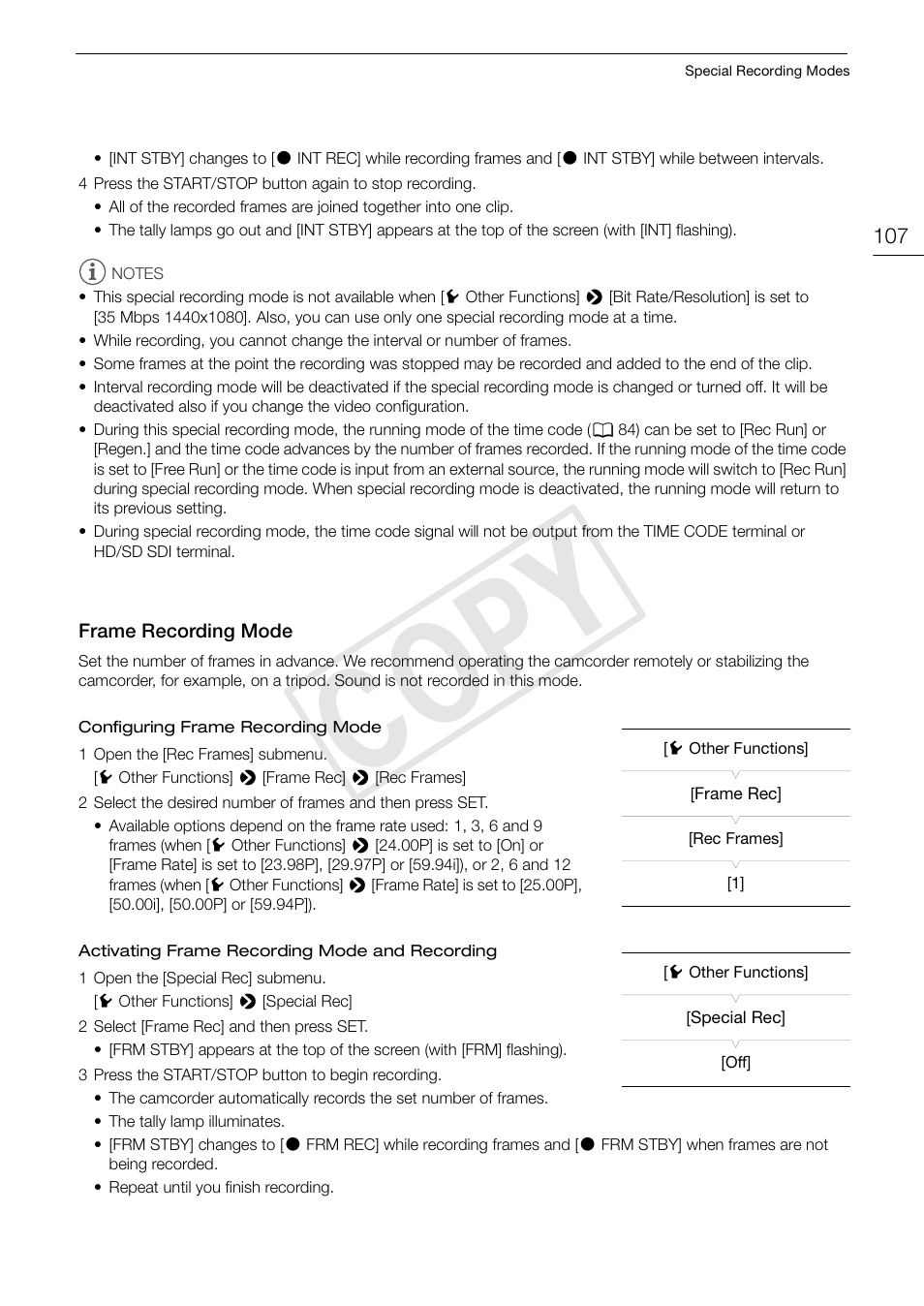 Frame recording mode, Frame recording mode 107, Cop y | Canon EOS C300 PL User Manual | Page 107 / 196