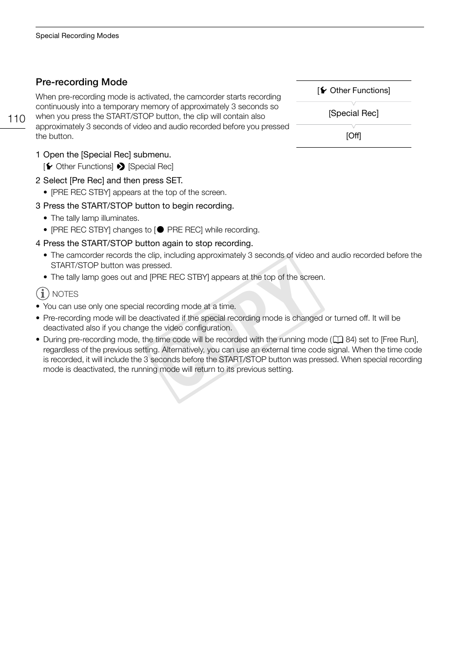 Pre-recording mode, Pre-recording mode 110, Cop y | Canon EOS C300 PL User Manual | Page 110 / 196