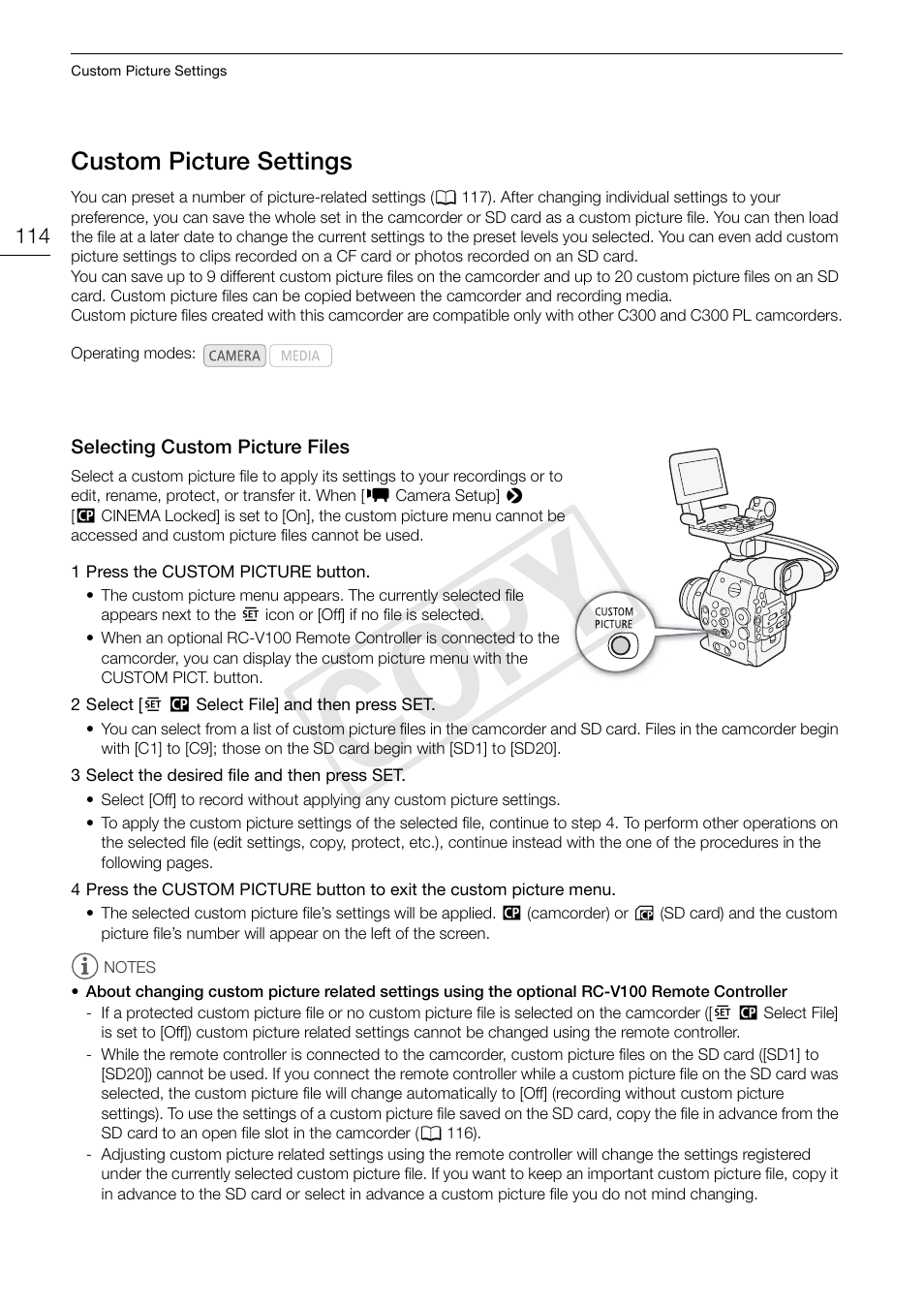 Custom picture settings, Selecting custom picture files, Custom picture settings 114 | Selecting custom picture files 114, Cop y | Canon EOS C300 PL User Manual | Page 114 / 196