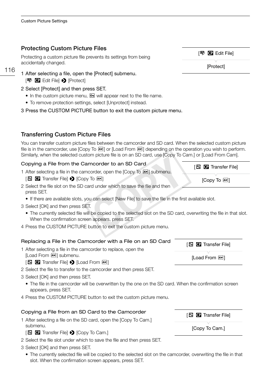Protecting custom picture files, Transferring custom picture files, Cop y | Canon EOS C300 PL User Manual | Page 116 / 196