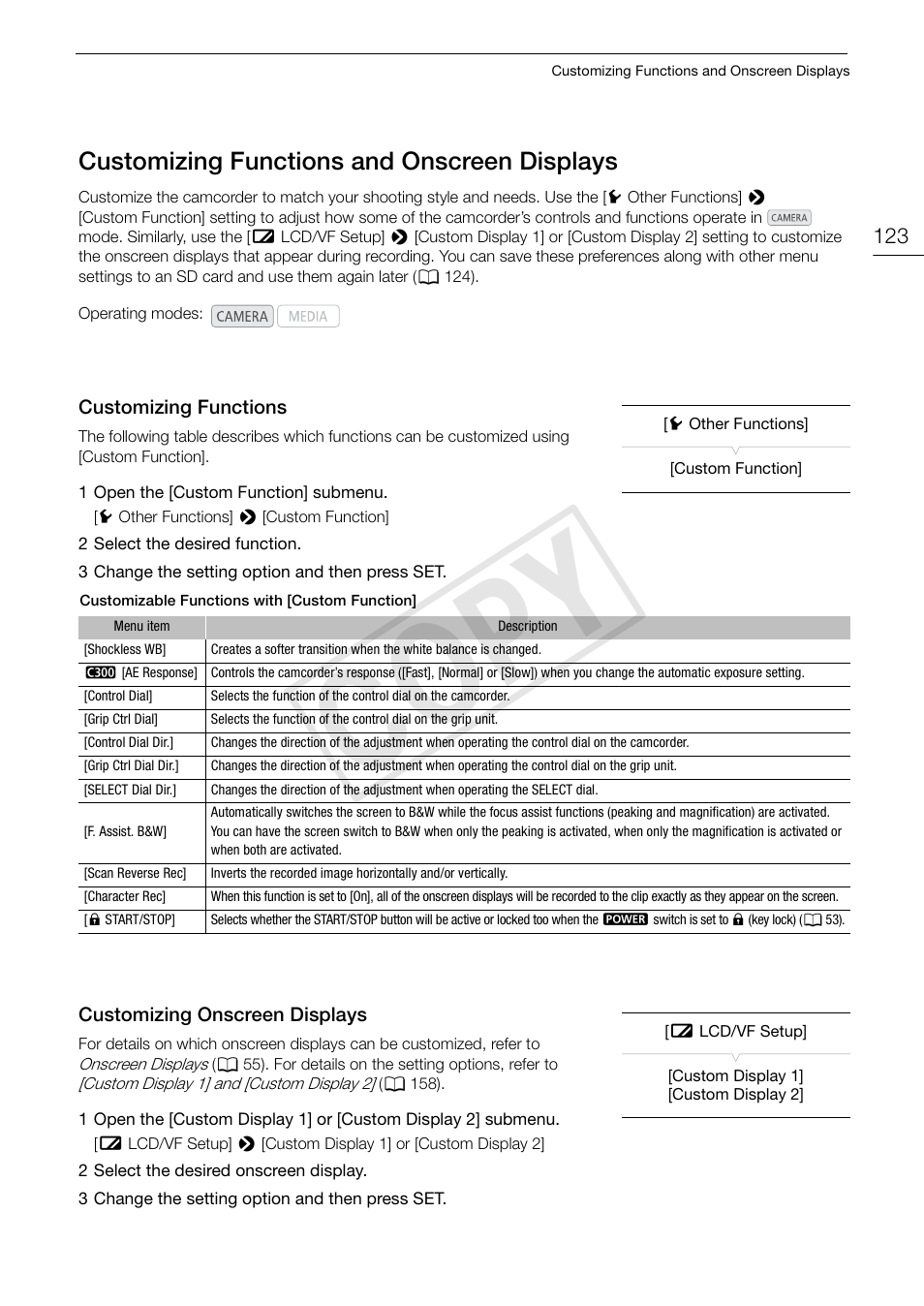 Customizing functions and onscreen displays, Customizing functions, Customizing onscreen displays | 123) an, 123) g, Customizing functions and onscreen, Displays 123, Cop y | Canon EOS C300 PL User Manual | Page 123 / 196
