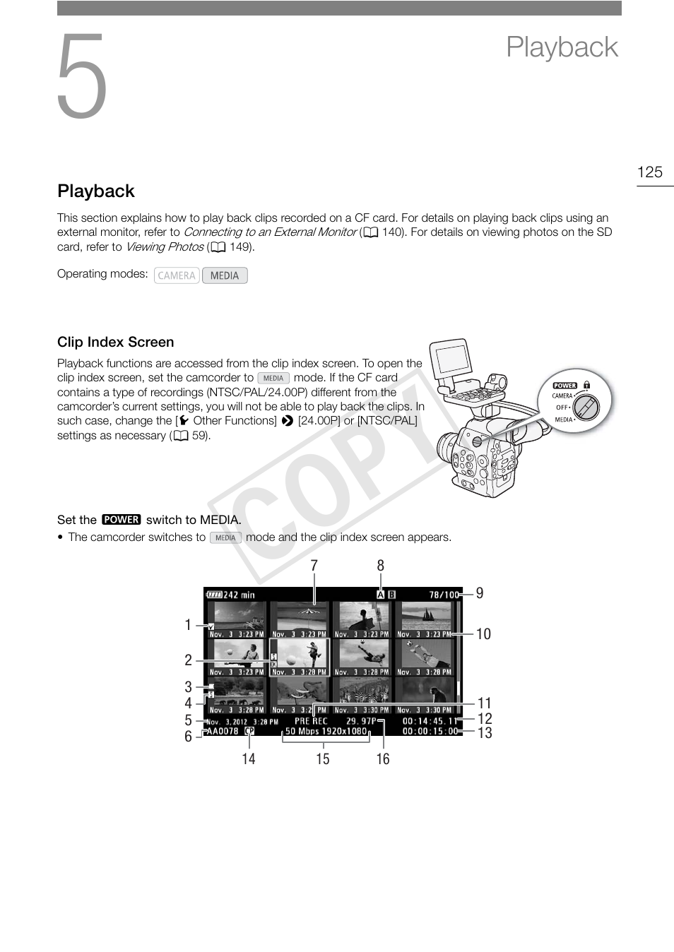 Playback, Clip index screen, Playback 125 | Clip index screen 125, Cop y | Canon EOS C300 PL User Manual | Page 125 / 196