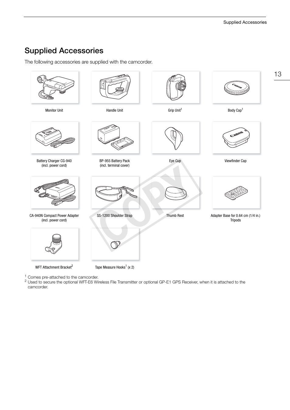 Supplied accessories, Supplied accessories 13, Cop y | Canon EOS C300 PL User Manual | Page 13 / 196