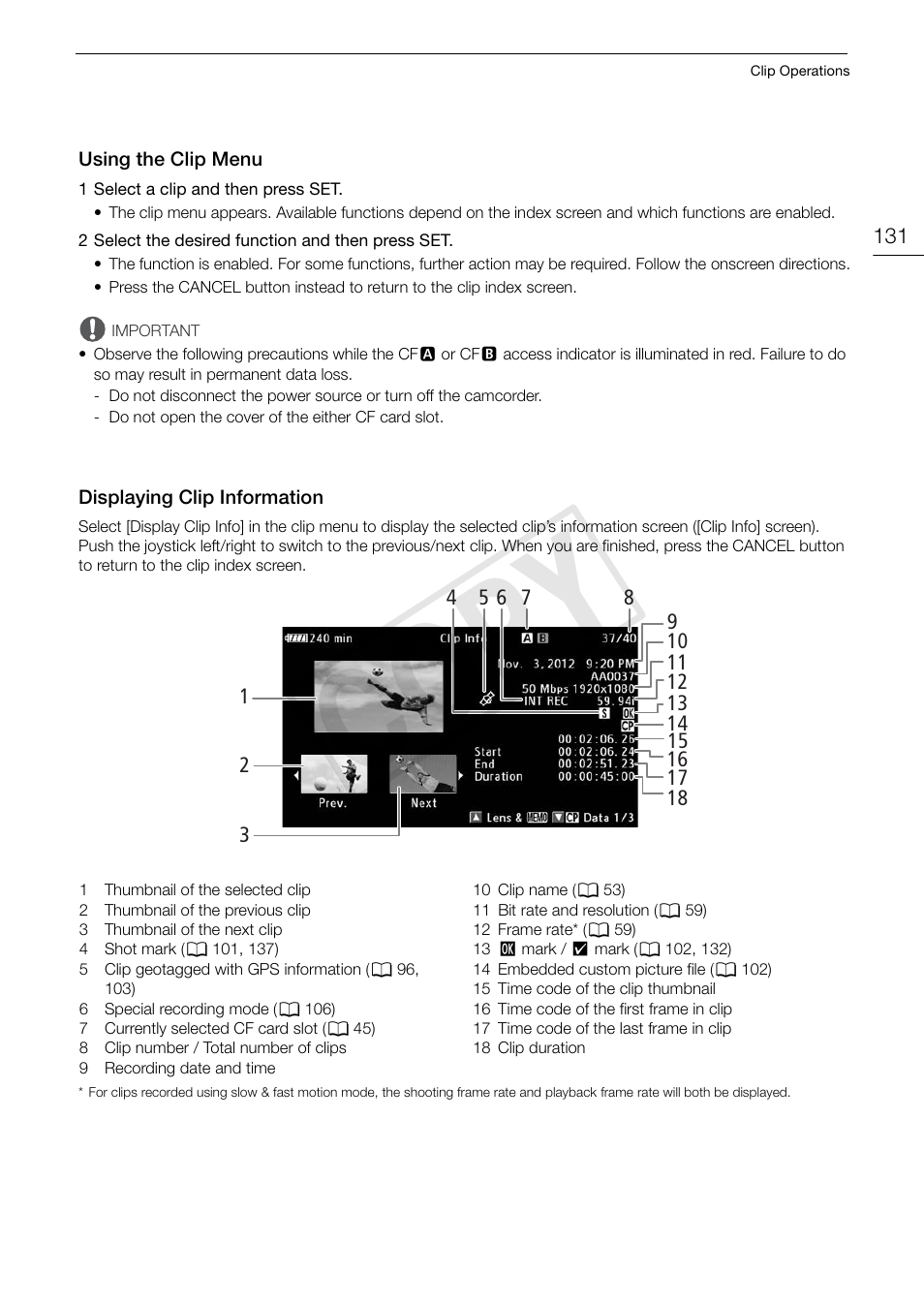 Using the clip menu, Displaying clip information, Cop y | Canon EOS C300 PL User Manual | Page 131 / 196