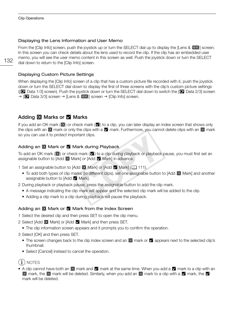 Adding ok marks or check marks, Adding $ marks or % marks 132, Cop y | Canon EOS C300 PL User Manual | Page 132 / 196