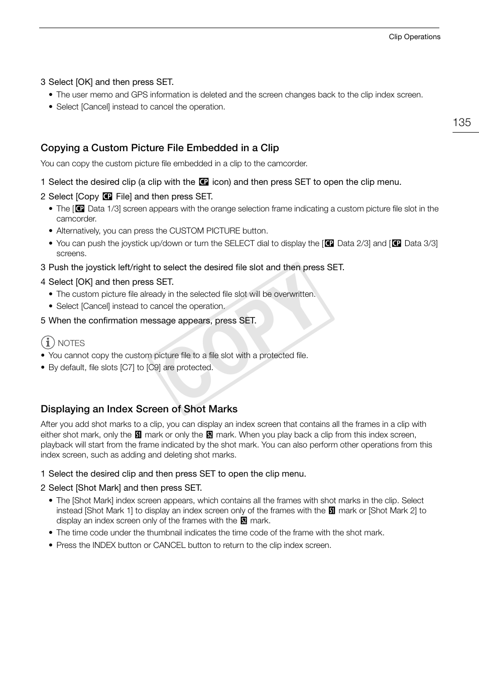 Copying a custom picture file embedded in a clip, Displaying an index screen of shot marks, Copying a custom picture file embedded in a | Clip 135, Displaying an index screen of shot marks 135, Cop y | Canon EOS C300 PL User Manual | Page 135 / 196
