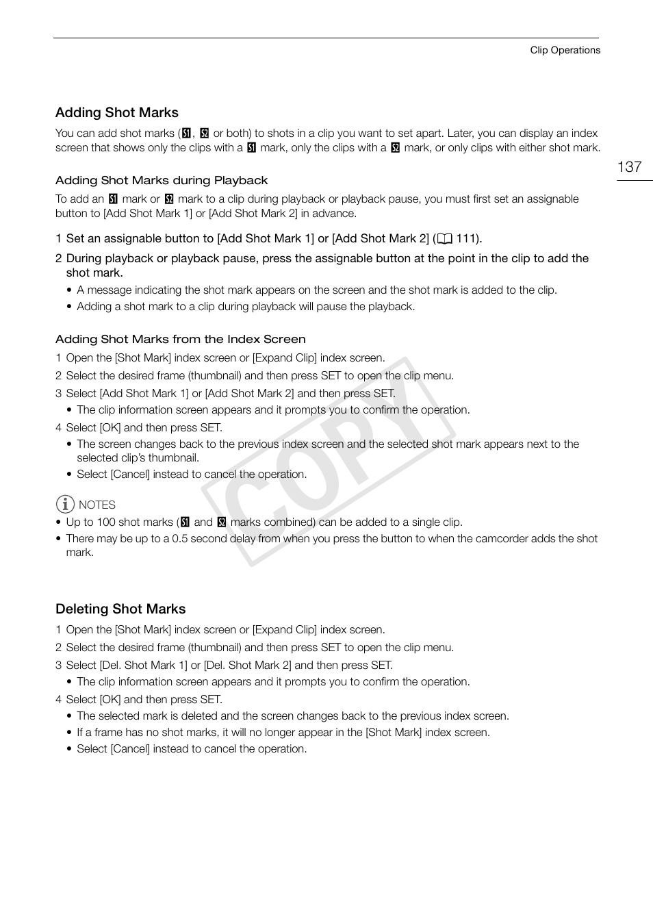 Adding shot marks, Deleting shot marks, Adding shot marks 137 deleting shot marks 137 | Cop y | Canon EOS C300 PL User Manual | Page 137 / 196