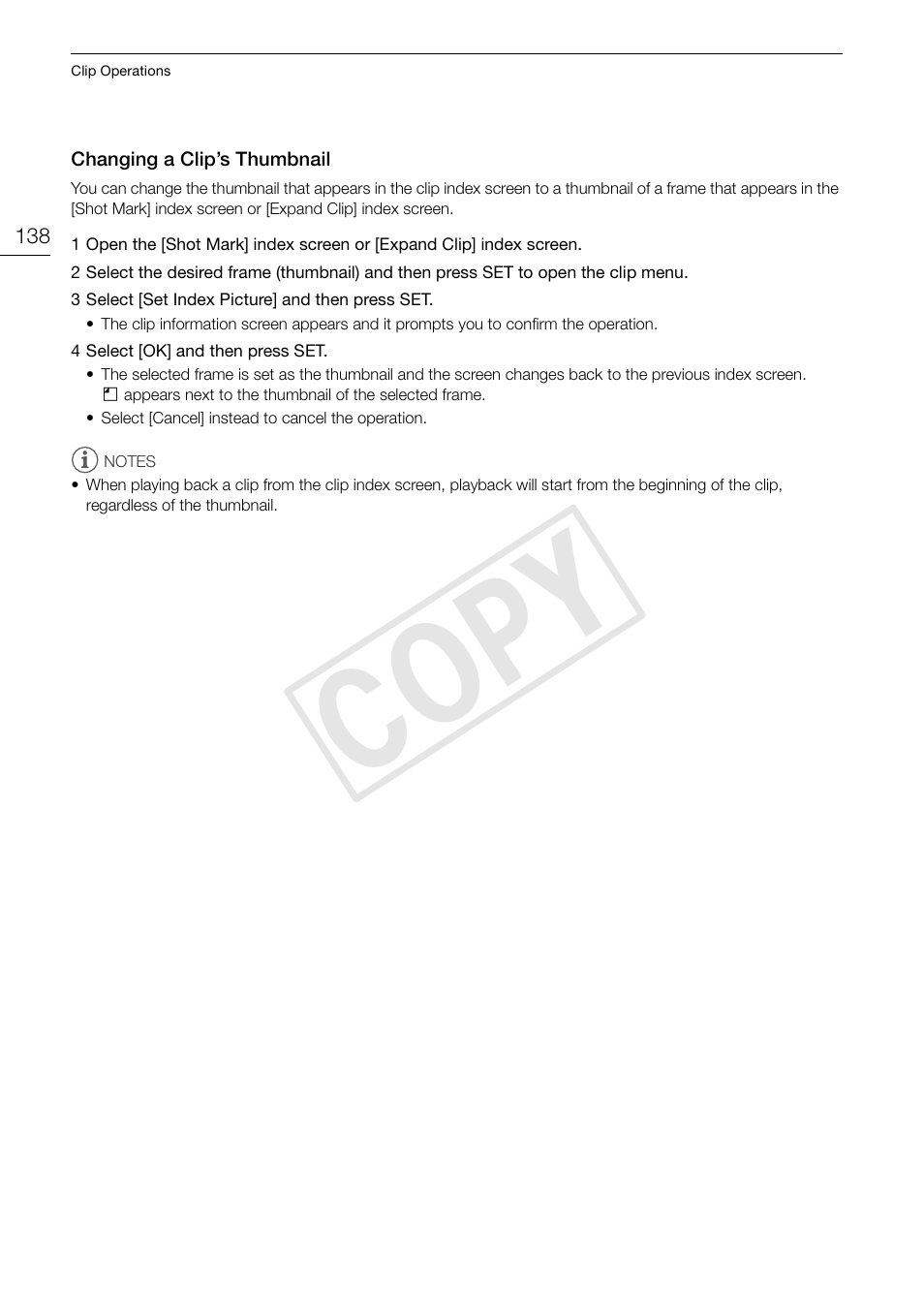 Changing a clip’s thumbnail, Changing a clip’s thumbnail 138, Cop y | Canon EOS C300 PL User Manual | Page 138 / 196