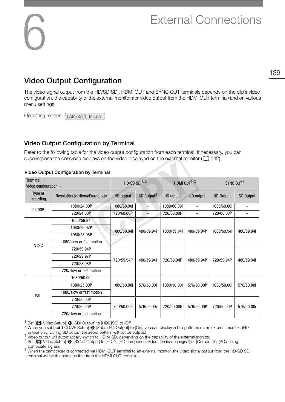 External connections, Video output configuration, Video output configuration by terminal | External connections 139, Video output configuration 139, Video output configuration by terminal 139, Cop y | Canon EOS C300 PL User Manual | Page 139 / 196