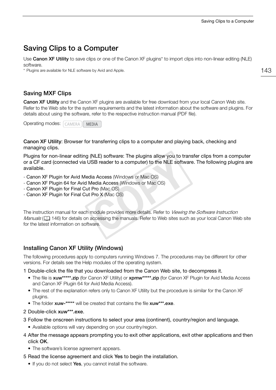 Saving clips to a computer, Saving mxf clips, Installing canon xf utility (windows) | Saving clips to a computer 143, 143). n, Cop y | Canon EOS C300 PL User Manual | Page 143 / 196