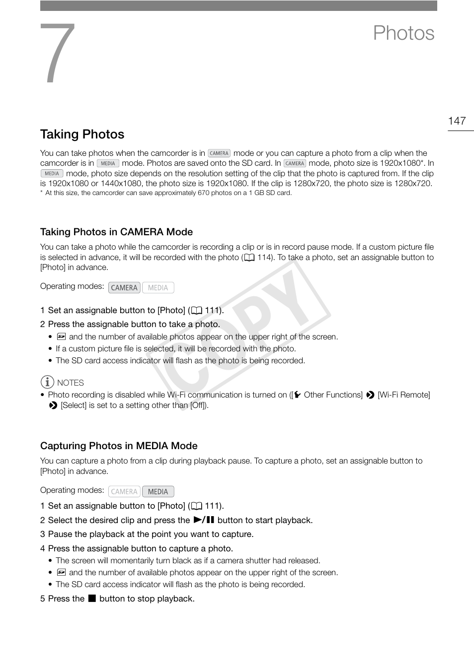 Photos, Taking photos, Taking photos in camera mode | Capturing photos in media mode, Photos 147, Taking photos 147, Cop y | Canon EOS C300 PL User Manual | Page 147 / 196