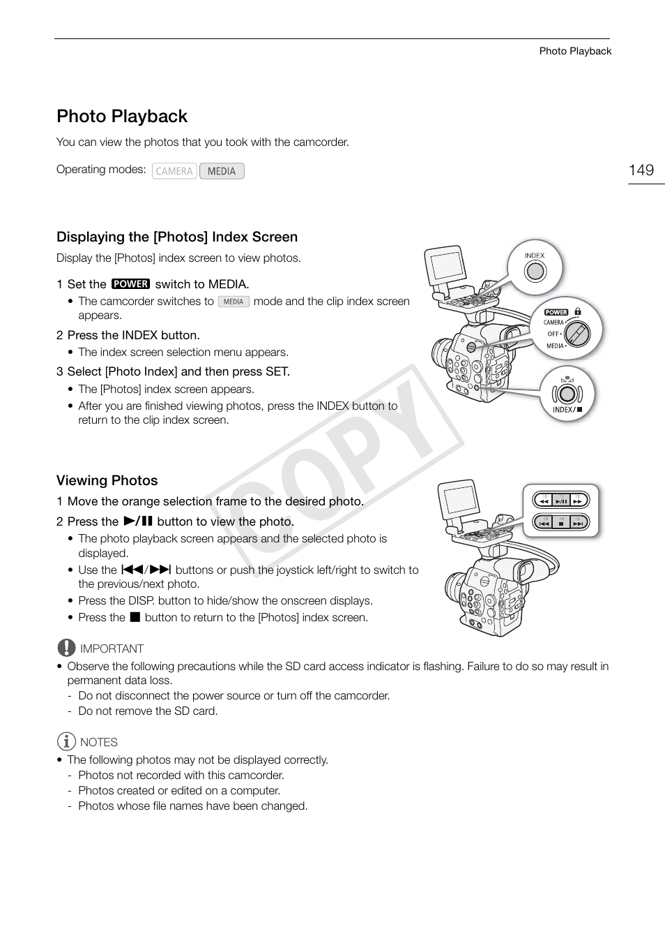 Photo playback, Displaying the [photos] index screen, Viewing photos | Photo playback 149, Cop y | Canon EOS C300 PL User Manual | Page 149 / 196