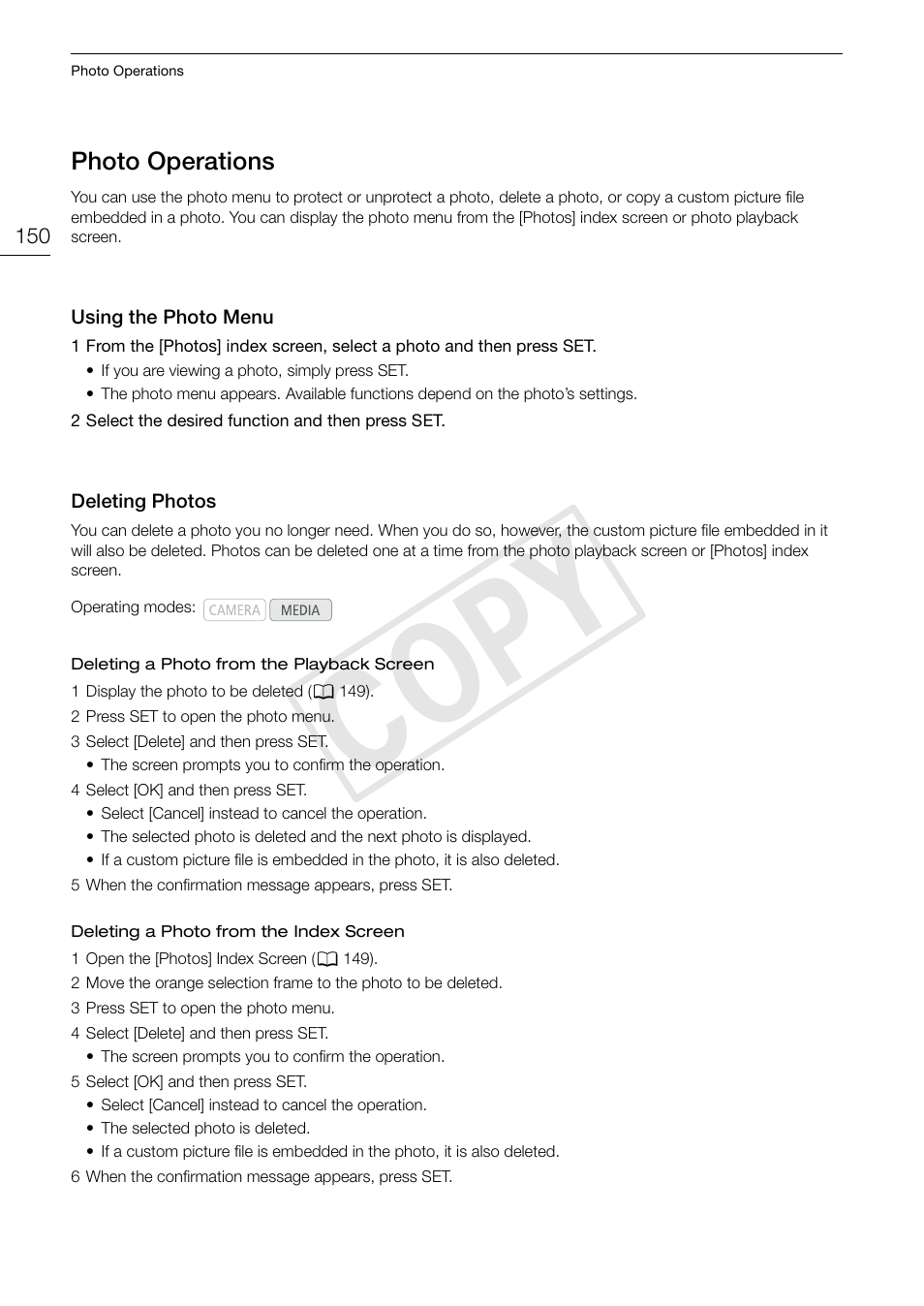 Photo operations, Using the photo menu, Deleting photos | Photo operations 150, Using the photo menu 150 deleting photos 150, Cop y | Canon EOS C300 PL User Manual | Page 150 / 196