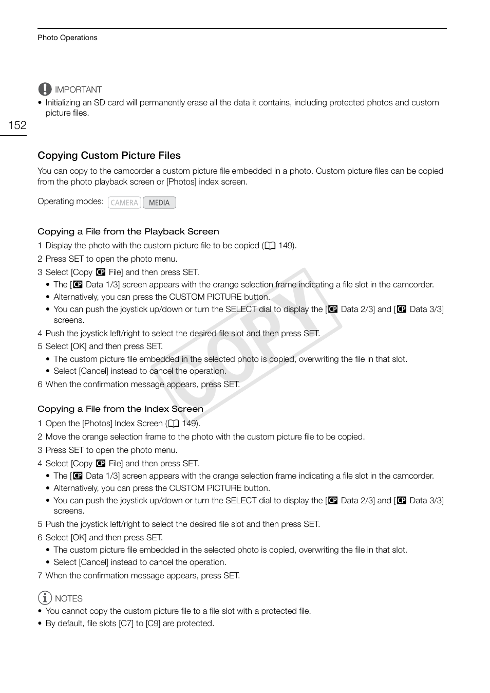 Copying custom picture files, Copying custom picture files 152, Cop y | Canon EOS C300 PL User Manual | Page 152 / 196