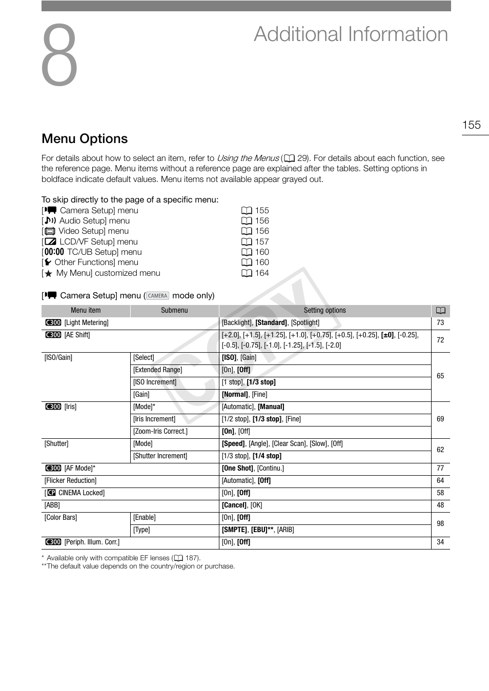 Additional information, Menu options, Additional information 155 | Menu options 155, Cop y | Canon EOS C300 PL User Manual | Page 155 / 196