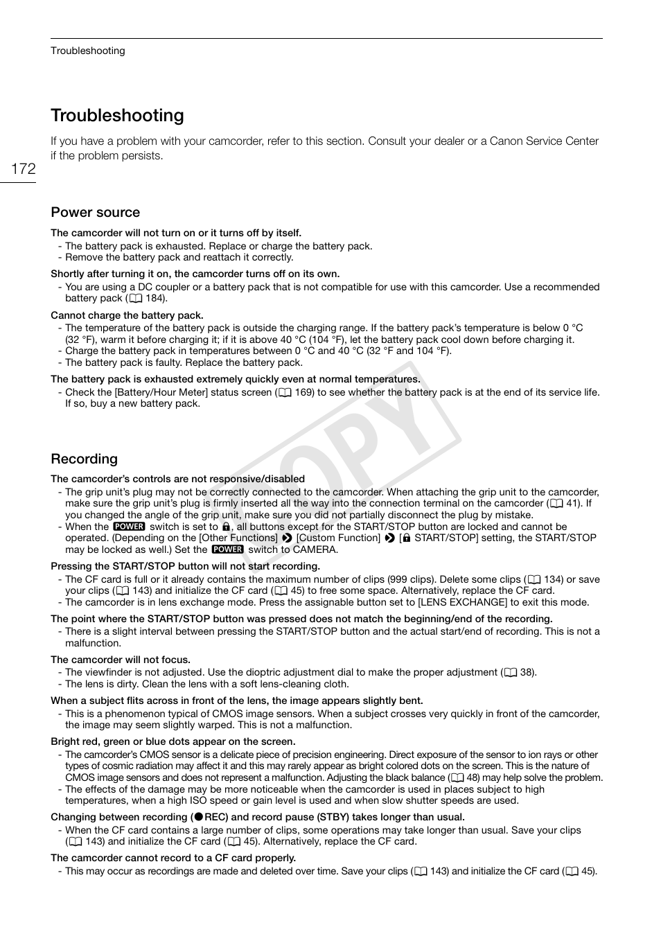 Troubleshooting, Troubleshooting 172, Cop y | Canon EOS C300 PL User Manual | Page 172 / 196