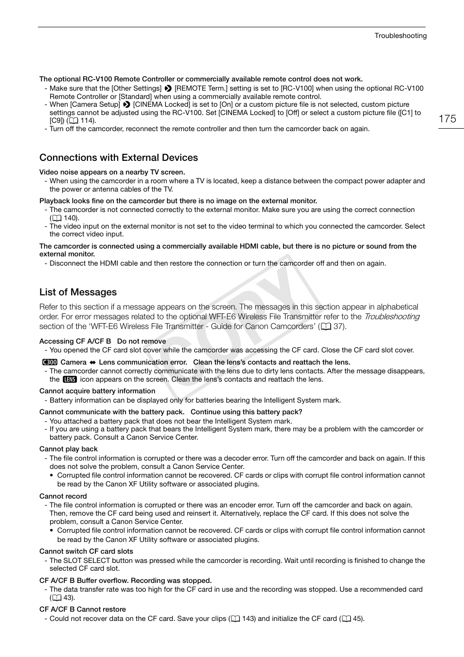 List of messages, List of messages 175, Cop y | Canon EOS C300 PL User Manual | Page 175 / 196