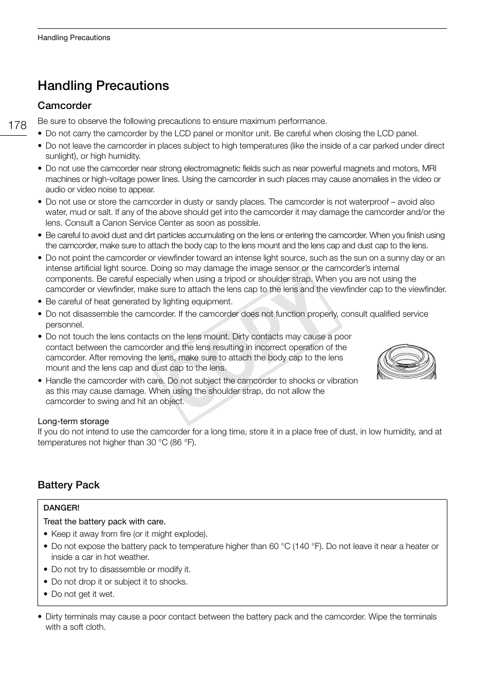 Handling precautions, Handling precautions 178, Cop y | Canon EOS C300 PL User Manual | Page 178 / 196