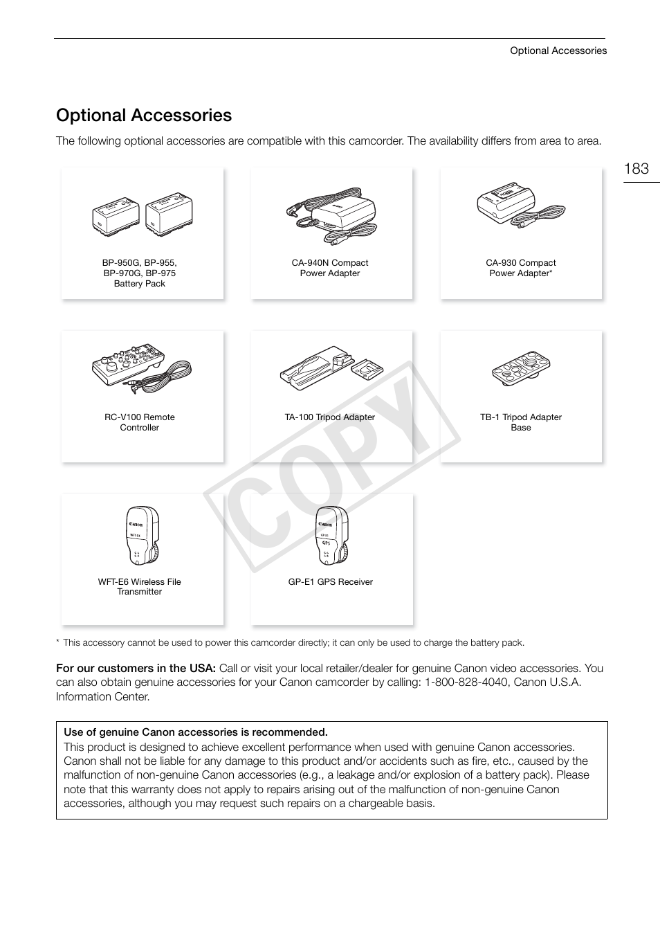 Optional accessories, Optional accessories 183, Cop y | Canon EOS C300 PL User Manual | Page 183 / 196