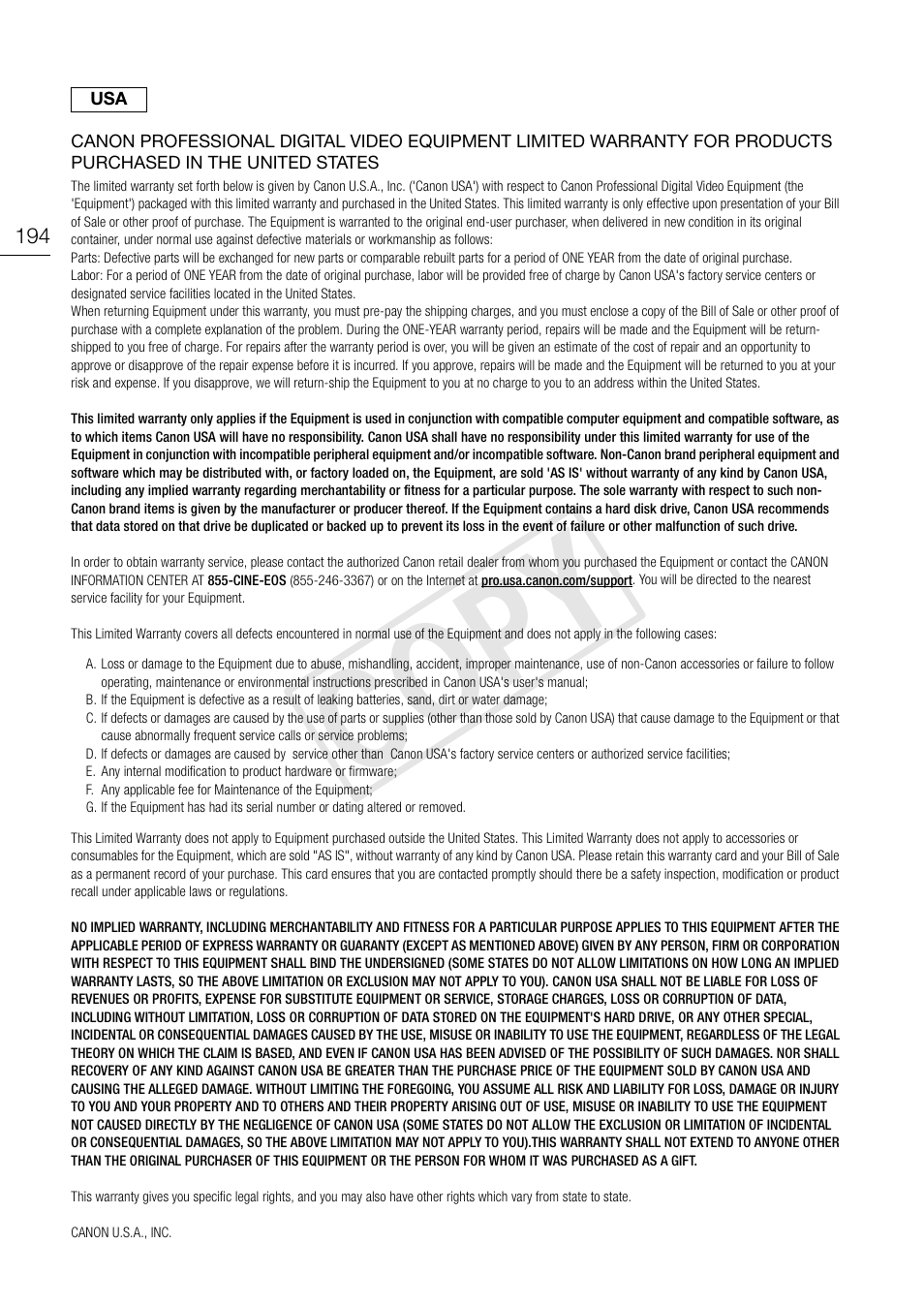 Cop y | Canon EOS C300 PL User Manual | Page 194 / 196