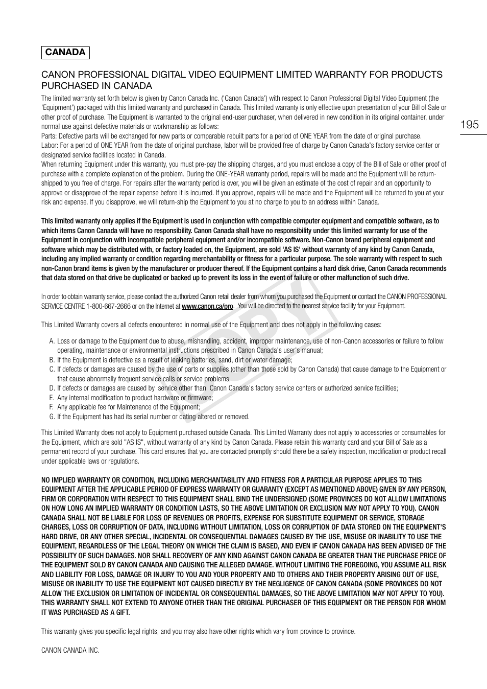 Cop y | Canon EOS C300 PL User Manual | Page 195 / 196