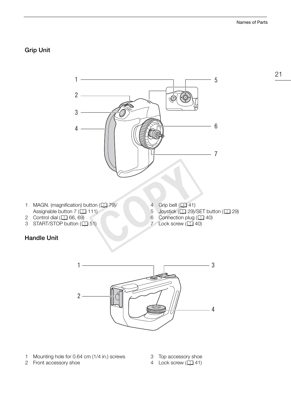 Grip unit, Handle unit, Grip unit 21 handle unit 21 | Cop y | Canon EOS C300 PL User Manual | Page 21 / 196