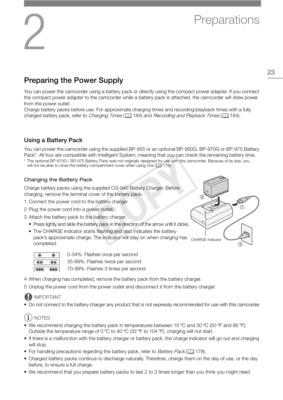 Preparations, Preparing the power supply, Using a battery pack | Preparations 23, Preparing the power supply 23, Using a battery pack 23, Cop y | Canon EOS C300 PL User Manual | Page 23 / 196