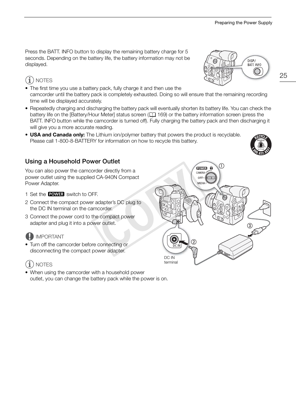 Using a household power outlet, Using a household power outlet 25, Cop y | Canon EOS C300 PL User Manual | Page 25 / 196