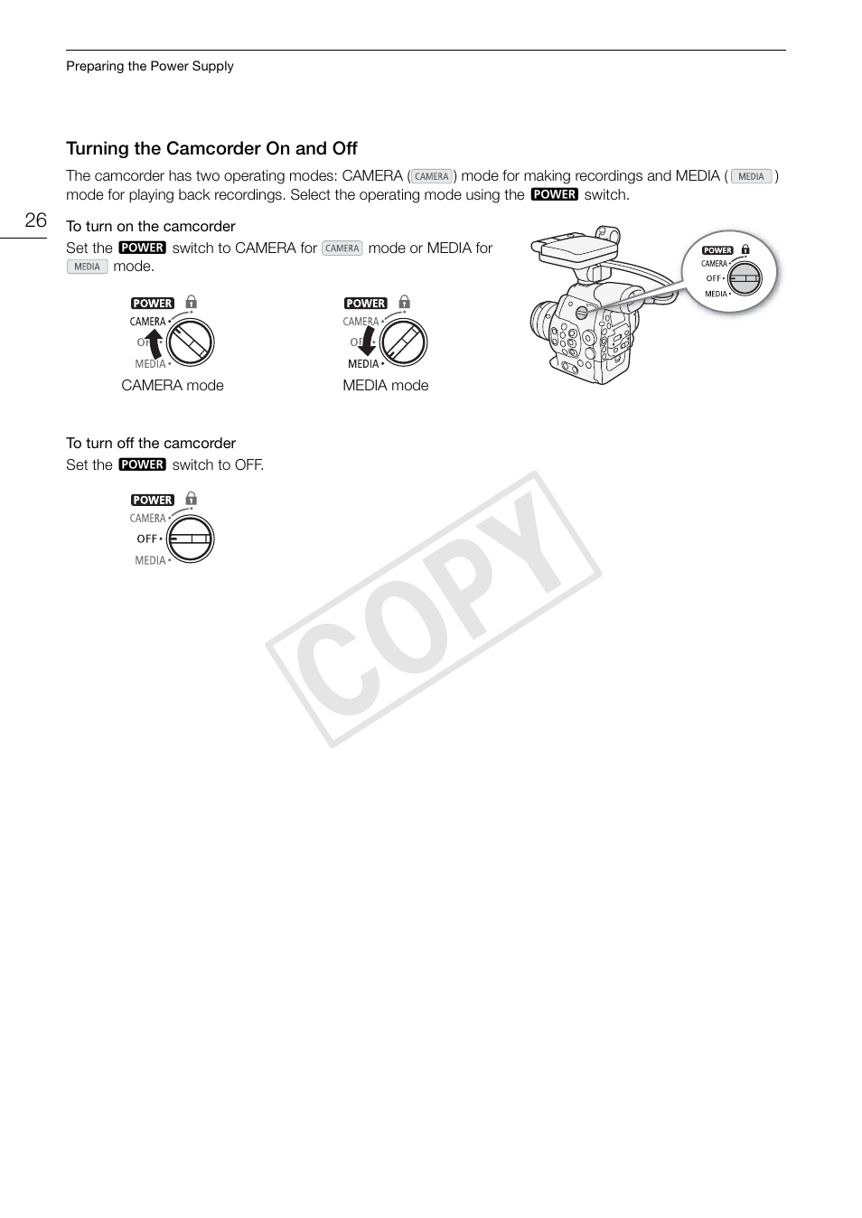 Turning the camcorder on and off, Turning the camcorder on and off 26, Cop y | Canon EOS C300 PL User Manual | Page 26 / 196