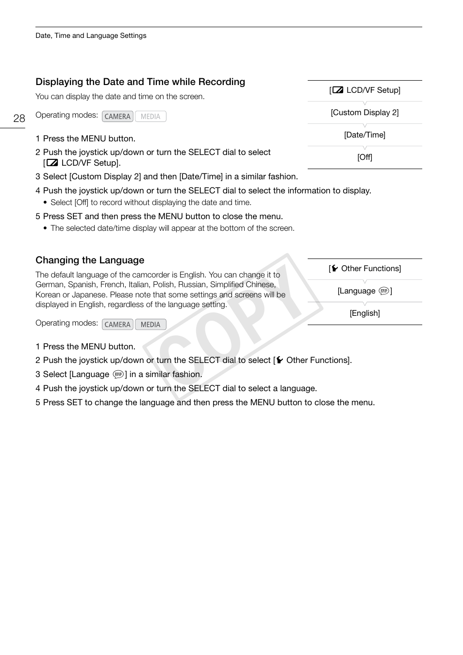Displaying the date and time while recording, Changing the language, Cop y | Canon EOS C300 PL User Manual | Page 28 / 196
