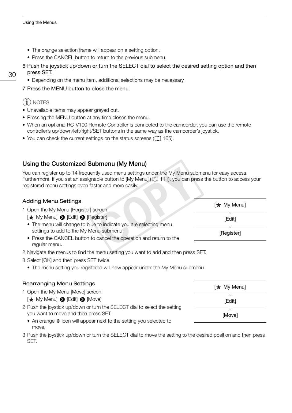 Using the customized submenu (my menu), Using the customized submenu (my menu) 30, Cop y | Canon EOS C300 PL User Manual | Page 30 / 196