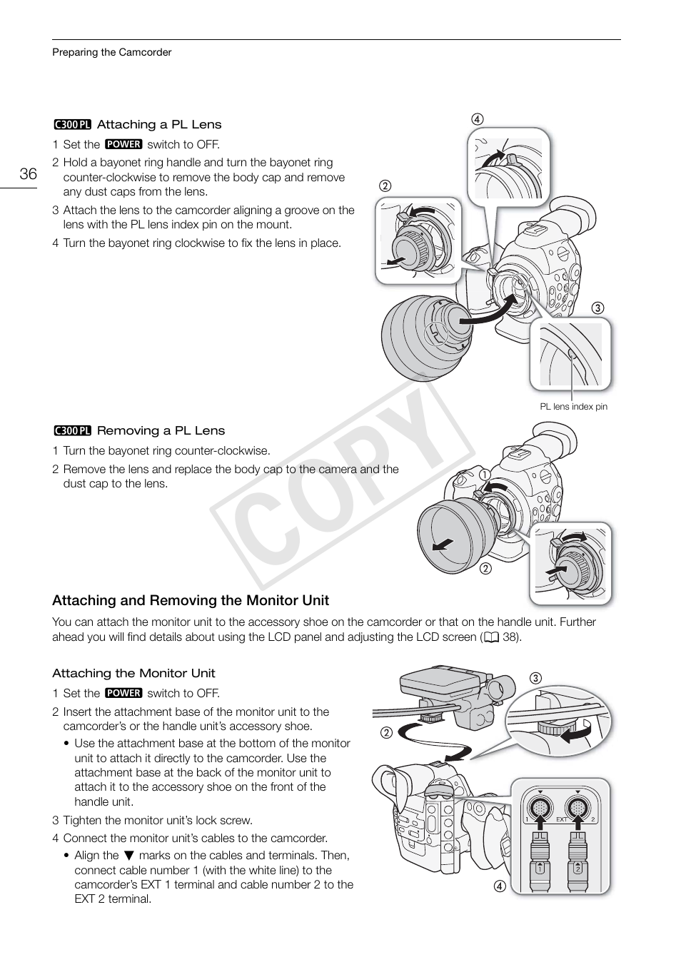 Attaching and removing the monitor unit, Attaching and removing the monitor unit 36, Cop y | Canon EOS C300 PL User Manual | Page 36 / 196