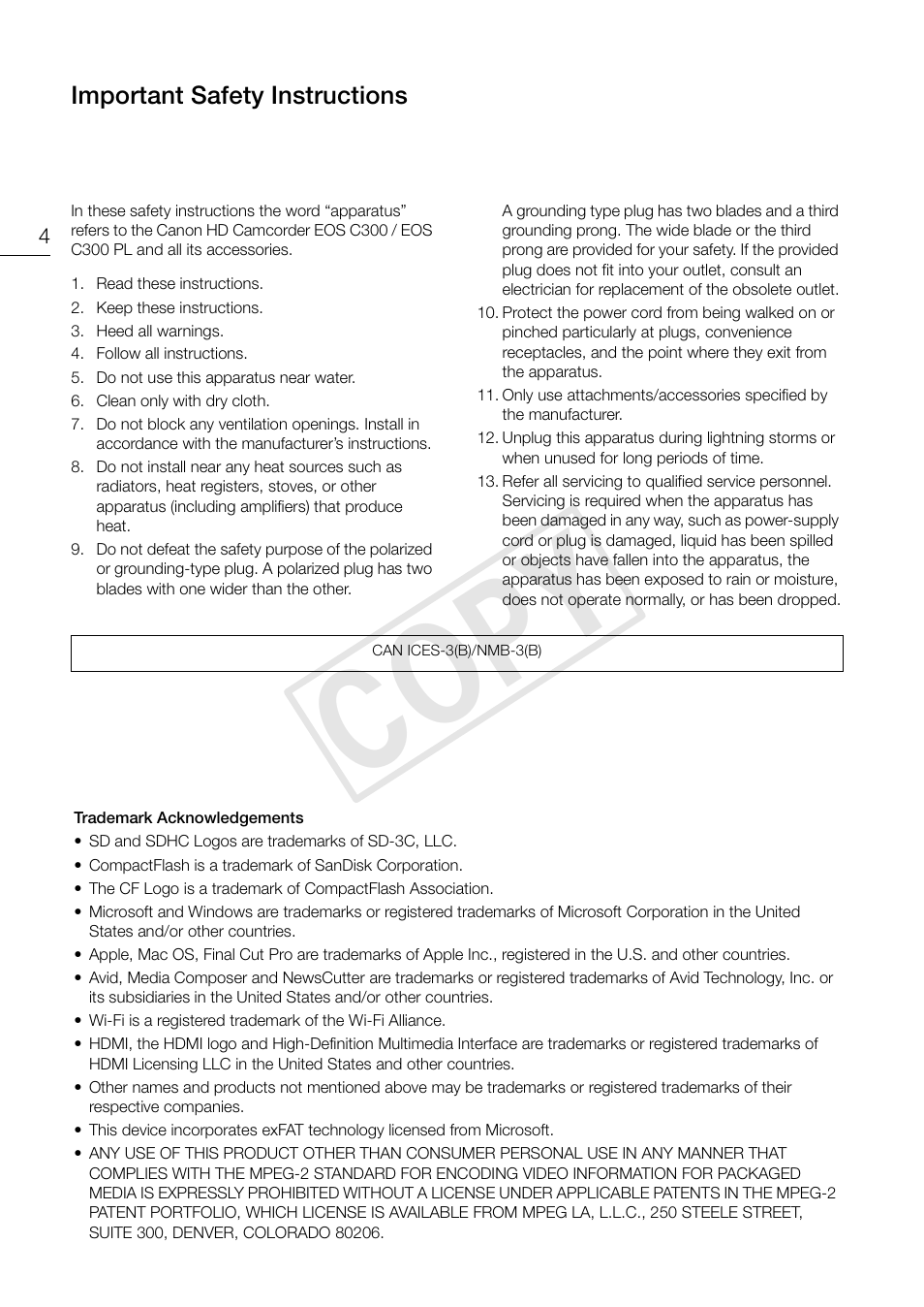 Cop y, Important safety instructions | Canon EOS C300 PL User Manual | Page 4 / 196