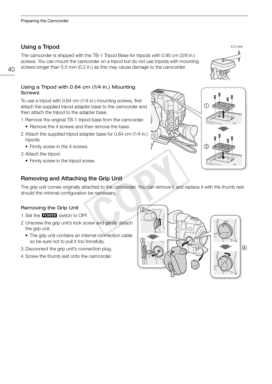 Using a tripod, Removing and attaching the grip unit, Cop y | Canon EOS C300 PL User Manual | Page 40 / 196