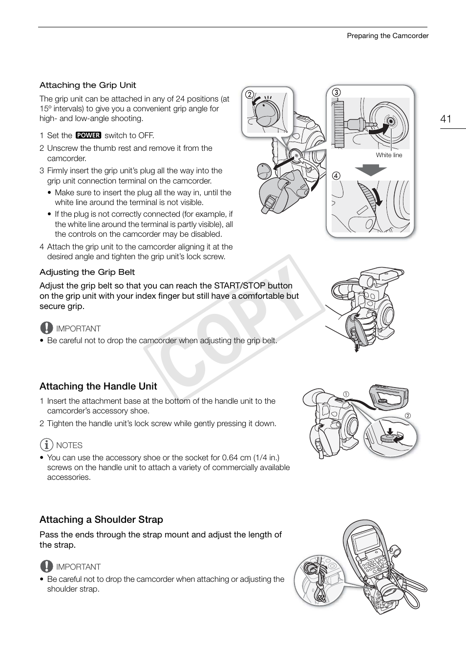 Attaching the handle unit, Attaching a shoulder strap, Attaching the handle unit 41 | Attaching a shoulder strap 41, Cop y | Canon EOS C300 PL User Manual | Page 41 / 196