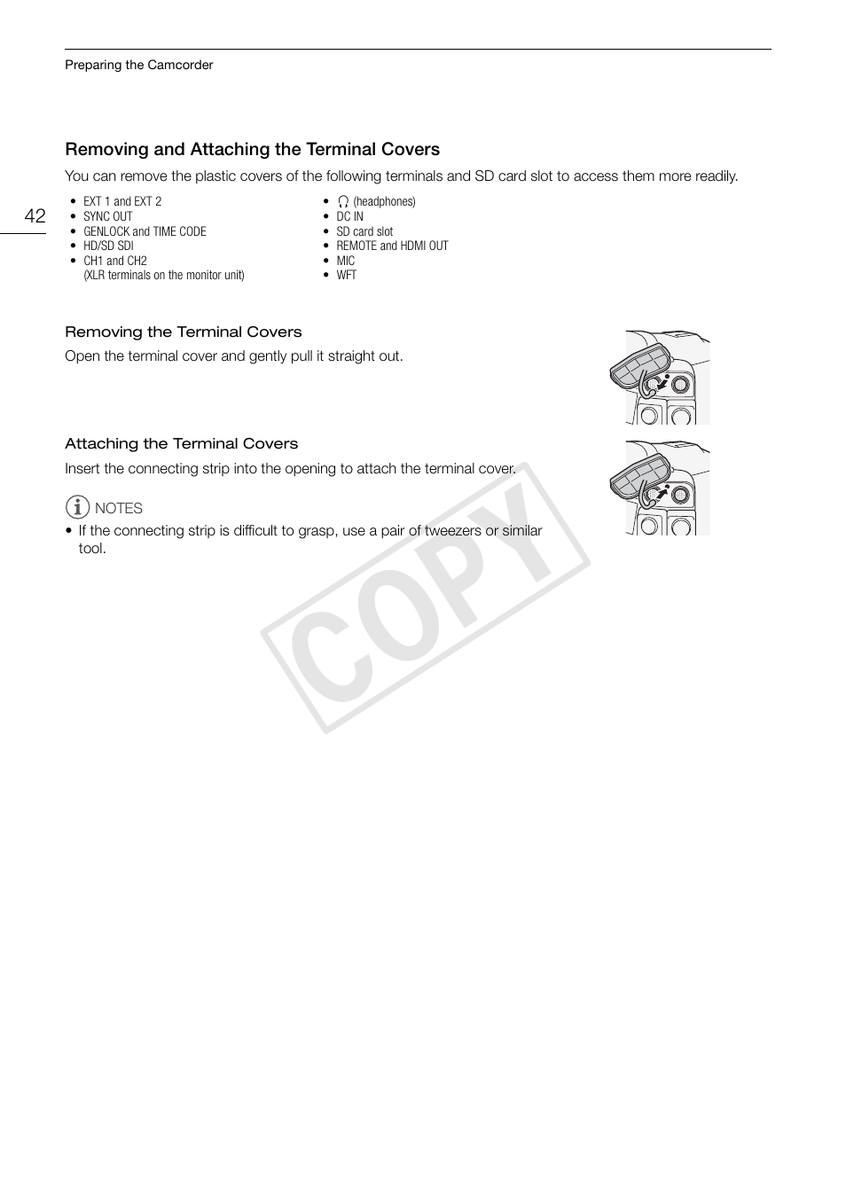 Removing and attaching the terminal covers, Removing and attaching the terminal covers 42, Cop y | Canon EOS C300 PL User Manual | Page 42 / 196