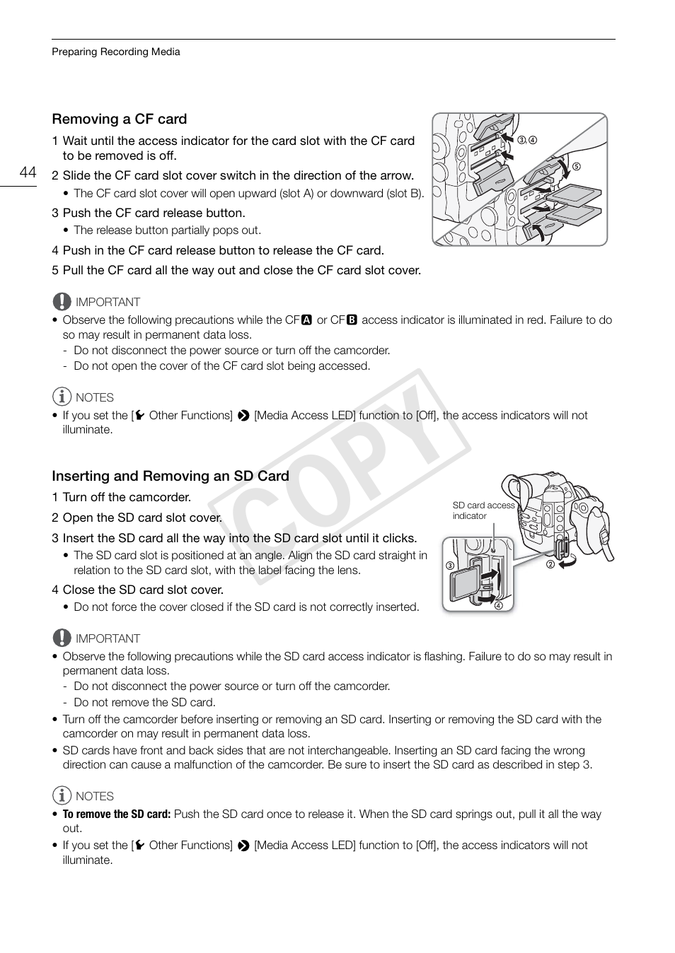 Removing a cf card, Inserting and removing an sd card, Cop y | Canon EOS C300 PL User Manual | Page 44 / 196