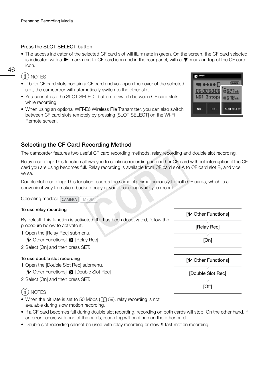 Selecting the cf card recording method, 46) let, Selecting the cf card recording method 46 | Cop y | Canon EOS C300 PL User Manual | Page 46 / 196