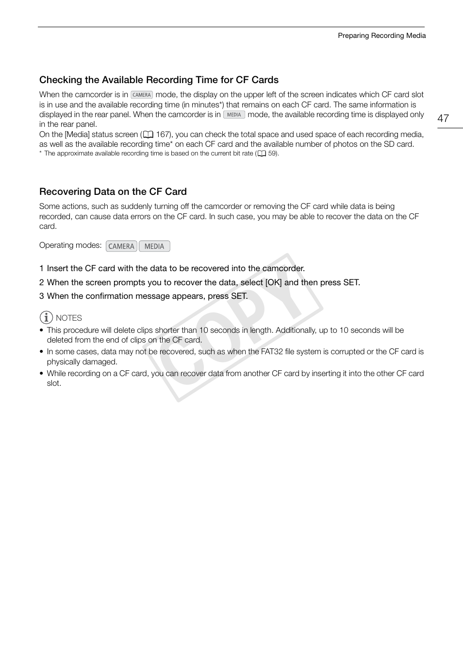 Checking the available recording time for cf cards, Recovering data on the cf card, Checking the available recording time for cf | Cards 47, Recovering data on the cf card 47, Cop y | Canon EOS C300 PL User Manual | Page 47 / 196