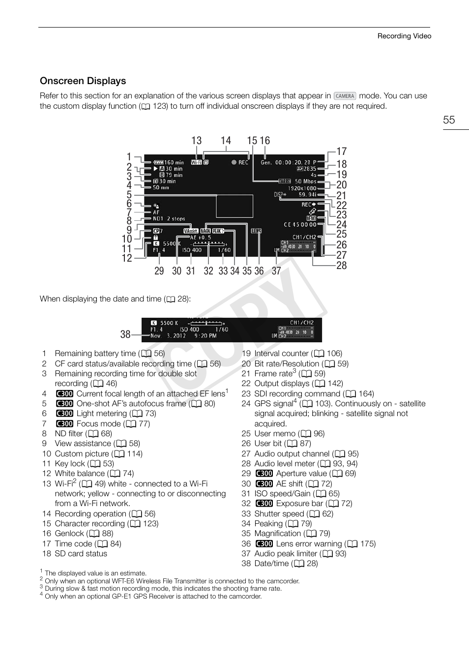 Onscreen displays, Onscreen displays 55, Cop y | Canon EOS C300 PL User Manual | Page 55 / 196