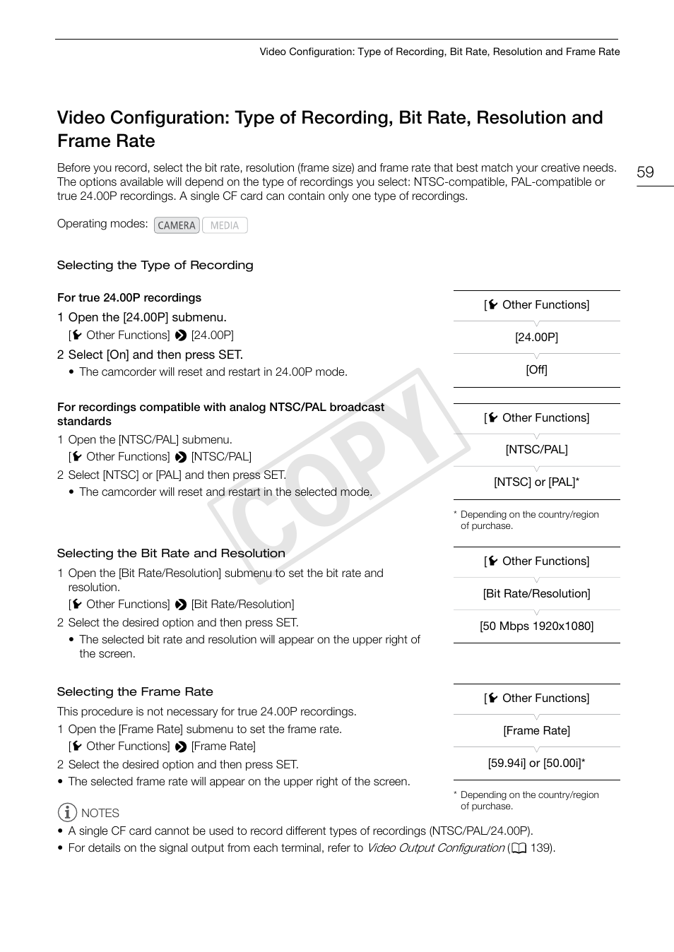 Video configuration: type of recording, bit rate, Resolution and frame rate 59, 59). s | Cop y | Canon EOS C300 PL User Manual | Page 59 / 196
