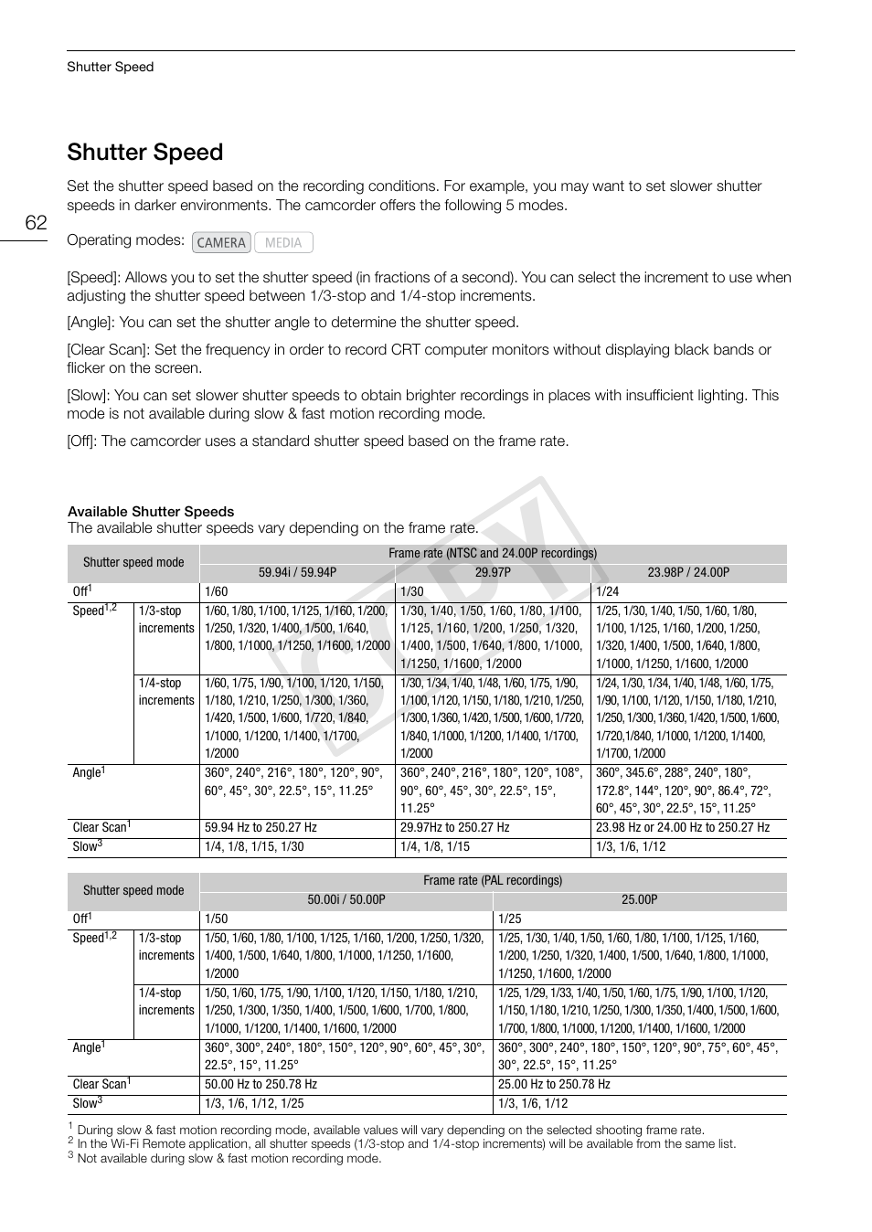 Shutter speed, Shutter speed 62, 62)/wh | 62), w, Cop y | Canon EOS C300 PL User Manual | Page 62 / 196