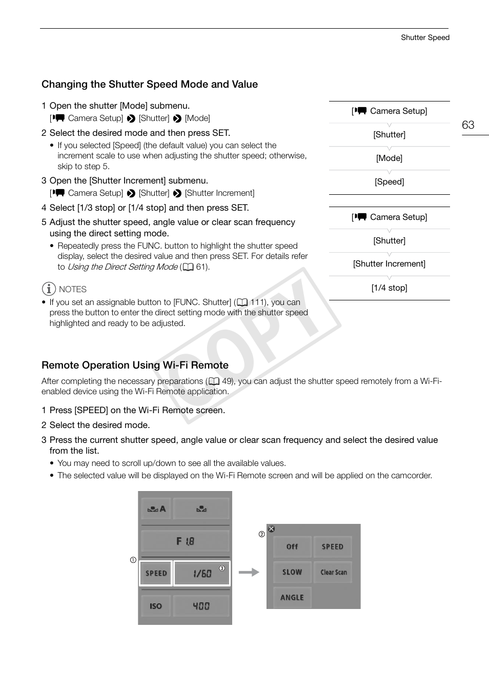 Changing the shutter speed mode and value, Remote operation using wi-fi remote, Cop y | Canon EOS C300 PL User Manual | Page 63 / 196