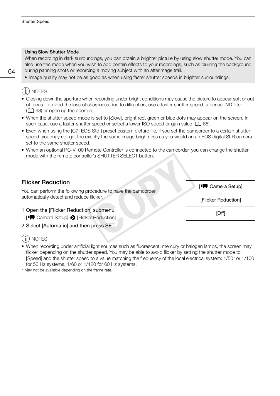 Flicker reduction, Flicker reduction 64, Cop y | Canon EOS C300 PL User Manual | Page 64 / 196